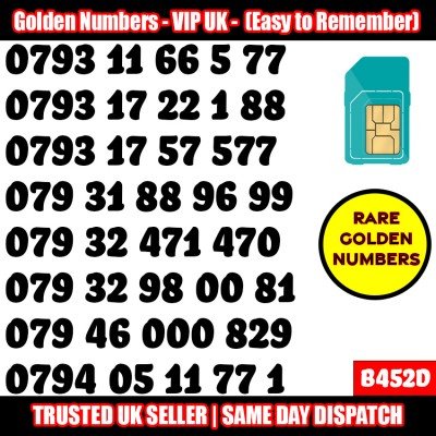 GOLD EASY MOBILE NUMBER MEMORABLE PLATINUM VIP UK PAY AS YOU GO SIM LOT B452D