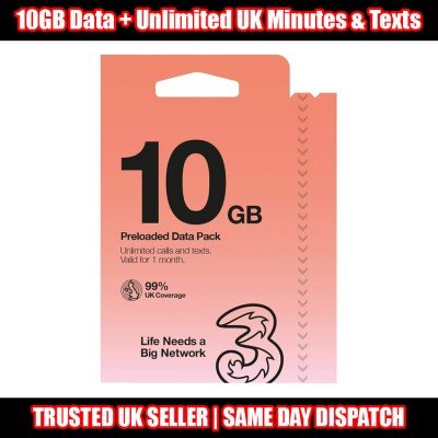 10GB Data Three UK sim card Pay As You Go With Unlimited Mins & Texts Sim