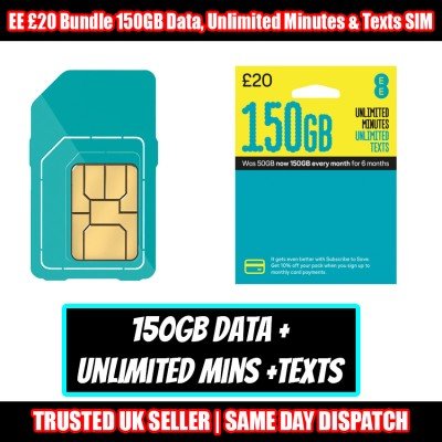 EE £20 Bundle 150GB Data, Unlimited Minutes & Unlimited Texts Pay As You Go SIM Card