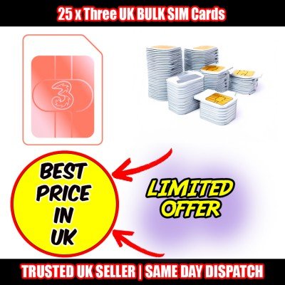 25 x 3 (Three) UK Network Pay As You Go Bulk Sim Cards