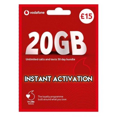 Vodafone £15 Bundle - 20GB + Unlimited Minutes & Texts - Instant Activation