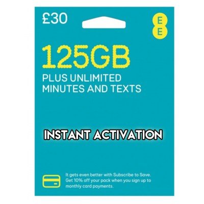 EE UK £30 Bundle - 125GB + Unlimited Minutes + Texts - Instant Activation