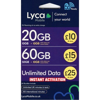 Lycamobile £10 Bundle - 20GB + Unlimited Minutes & Texts - Instant Activation