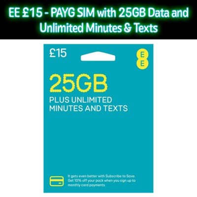 EE £15 Bundle 25GB Data, Unlimited Minutes and Texts Pay As You Go SIM Card