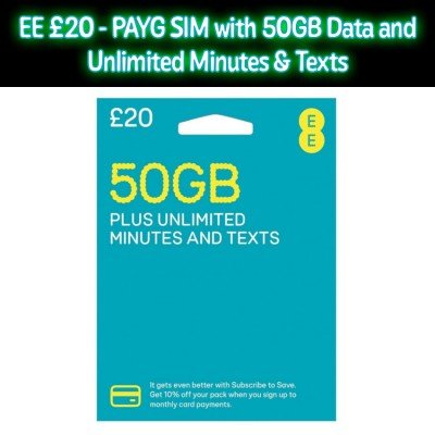 EE UK PAYG SIM Card £20 Bundle - 50GB + Unlimited Mins & Texts