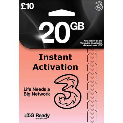 Three UK PAYG SIM Card £10 Bundle - 20GB + Unlimited Mins & Texts - Instant Activation