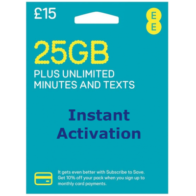 EE UK PAYG SIM Card £15 Bundle - 25GB + Unlimited Mins & Texts - Instant Activation