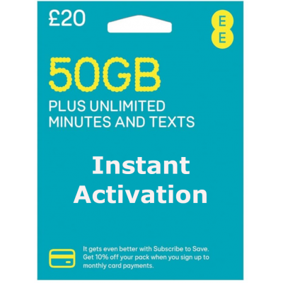 EE UK PAYG SIM Card £20 Bundle - 50GB + Unlimited Mins & Texts - Instant Activation