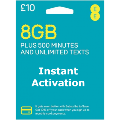 EE UK PAYG SIM Card £10 Bundle - 8GB + 500 Mins + Unlimited Texts - Instant Activation