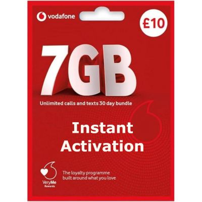 Vodafone UK PAYG SIM Card £10 Bundle - 7GB + Unlimited Mins & Texts - Instant Activation