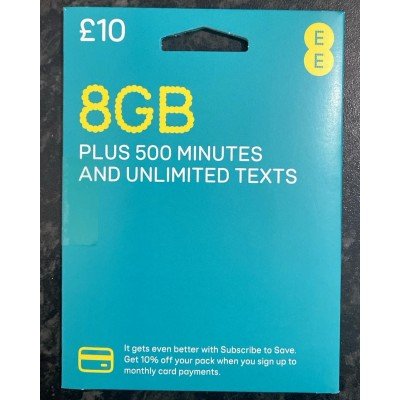 8GB DATA + 500 UK Minutes & Unlimited Texts Pay As You Go EESIM Card  - NO CONTRACT