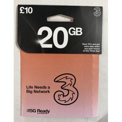 20GB Data Three UK sim card Pay As You Go With Unlimited Mins & Texts Sim